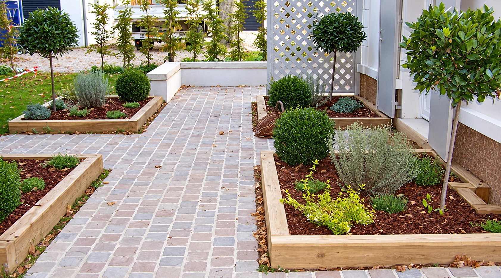 Une allée en pavés de pierre longe des massifs bordés de bois plantés d'arbustes taillés et de lavande, devant une façade avec un treillis blanc.