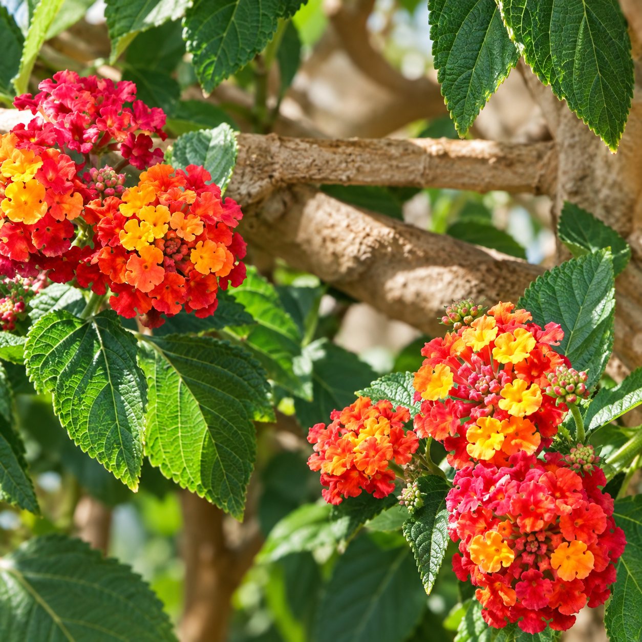 Gros plan sur des grappes de petites fleurs orange et rouges de lantanier entourées de feuilles vertes.