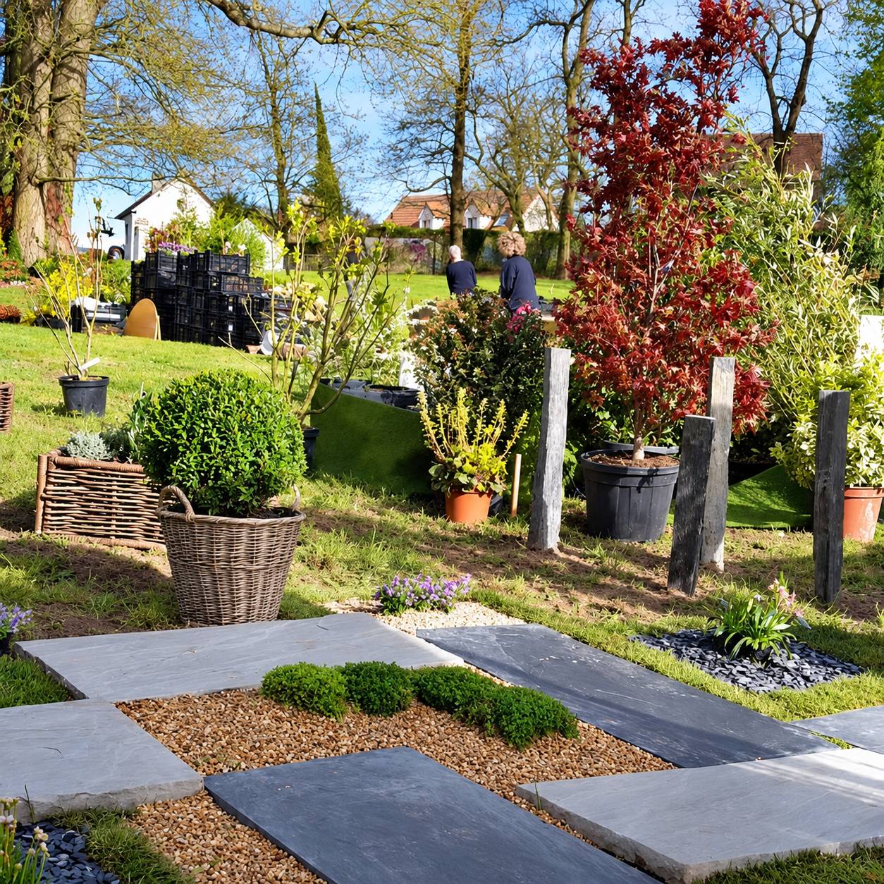 Un jardin d'exposition ensoleillé présente des dalles de pierre grises, du gravier, des plantes en pots, un buis dans un panier en osier et des ardoises dressées.